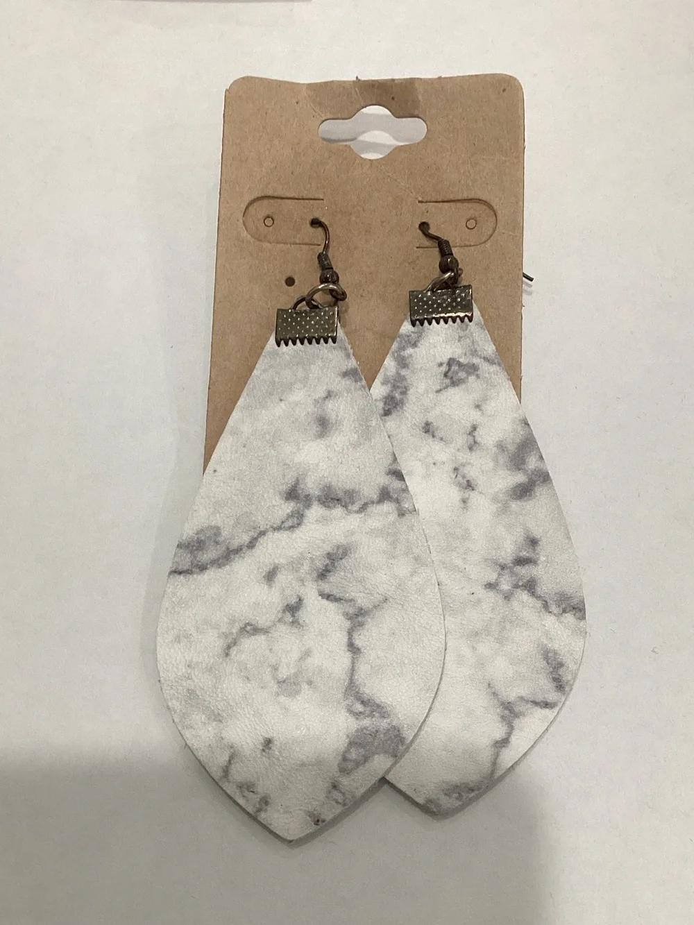 Marble-Print White Teardrop Leather Earrings